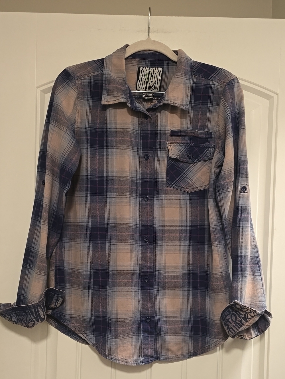 🌟7/25$ Volcom Womens Relaxed Y2k Blue & Cream Plaid Button-Down Shirt